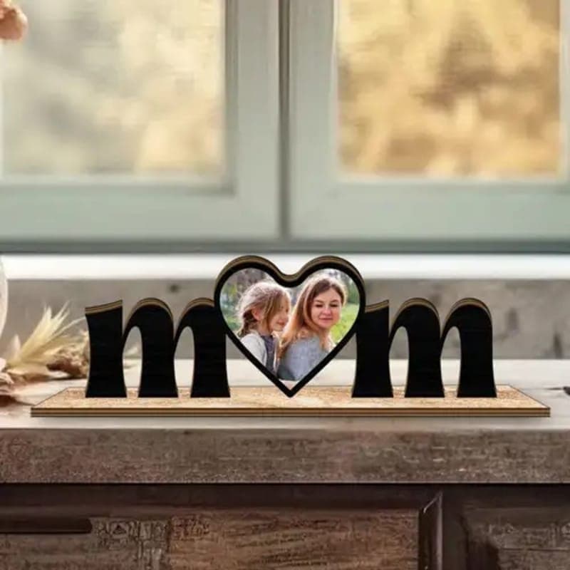 Personalized Wooden "MOM" Heart Photo Keepsake Plaque