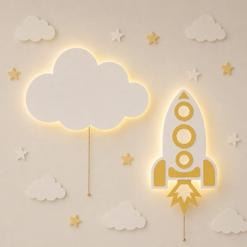Cosmic Cloud & Rocket Wooden Nursery LED Ambient Lamp